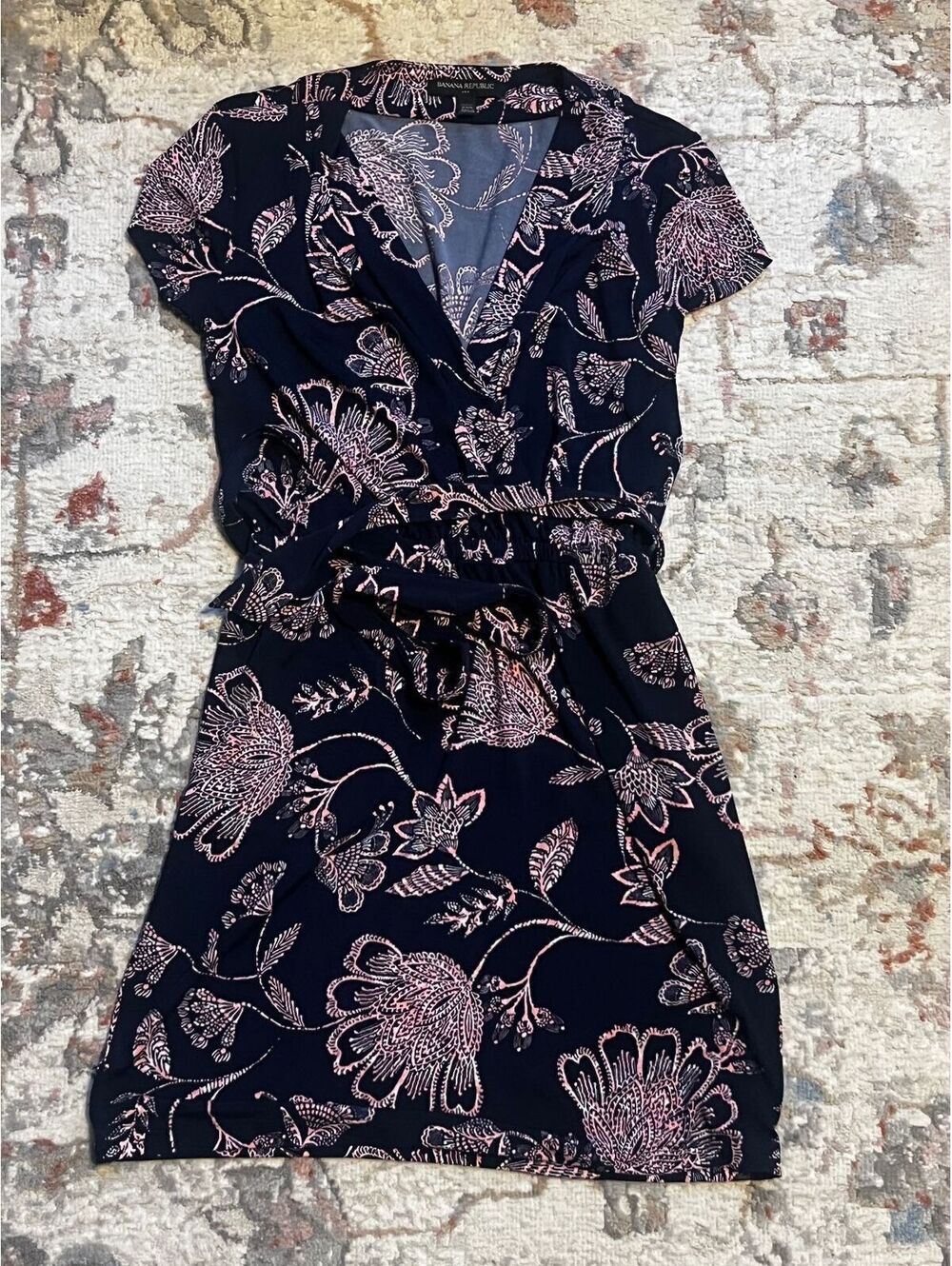 Banana Republic Floral Faux Wrap Dress Navy Pink Cap Sleeve Size XXSP